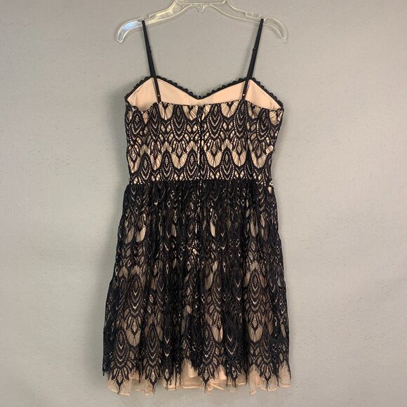 Jodi Kristopher Black Lace Nude Lined Fit Flare Dress Rhinestone Waist Size 9 - Picture 2 of 8